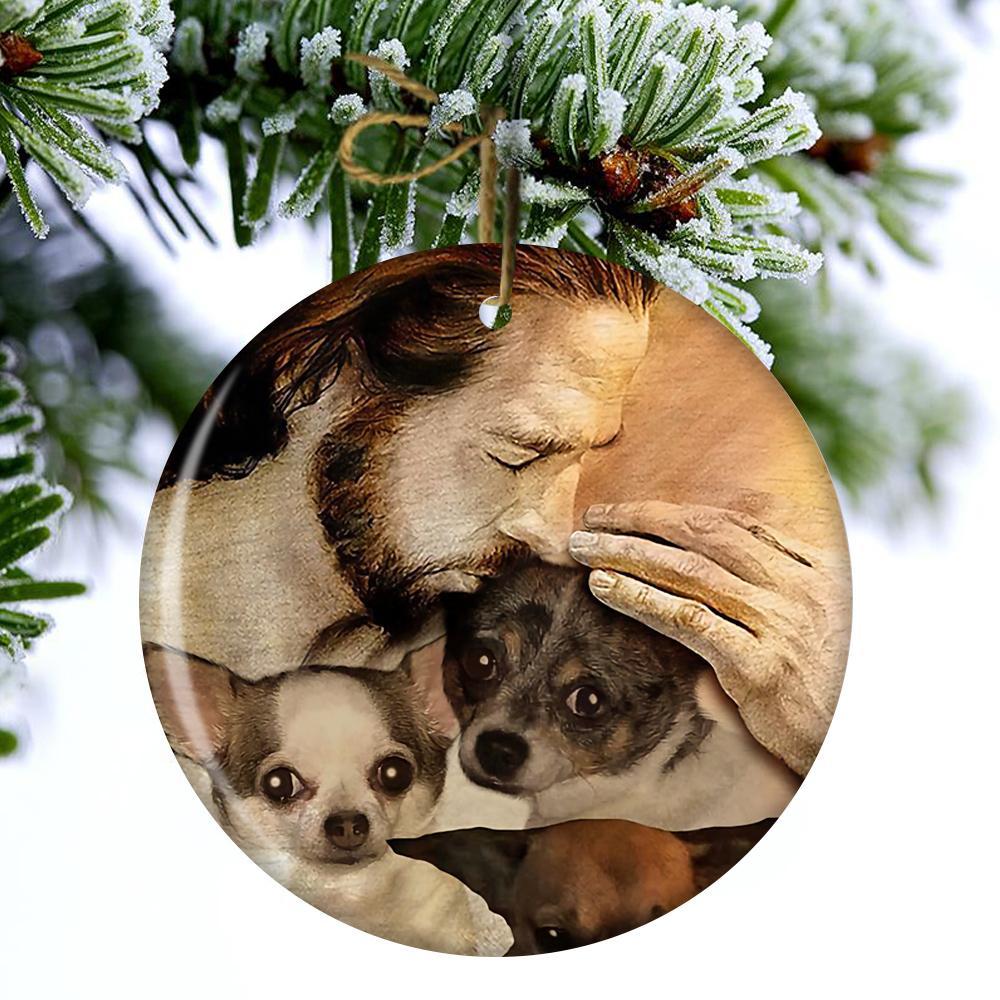 Three Chihuahua With Jesus Porcelain/Ceramic Ornament