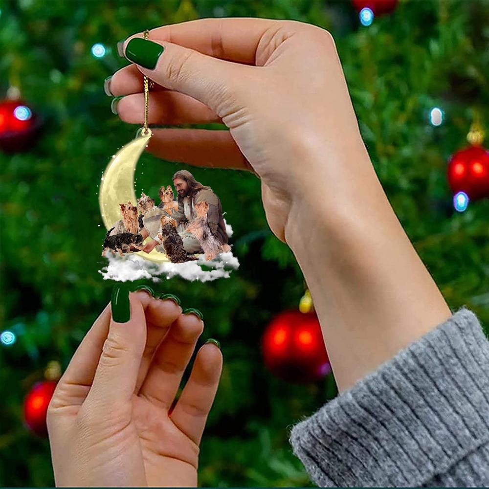 Jesus Surrounded By yorkshire Terriers On The Moon Ornament