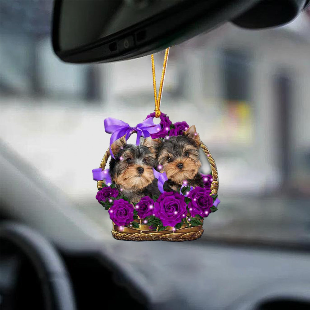yorkshire Terrier Purple Rose Wicker Basket Car Hanging Ornament