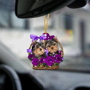 yorkshire Terrier Purple Rose Wicker Basket Car Hanging Ornament