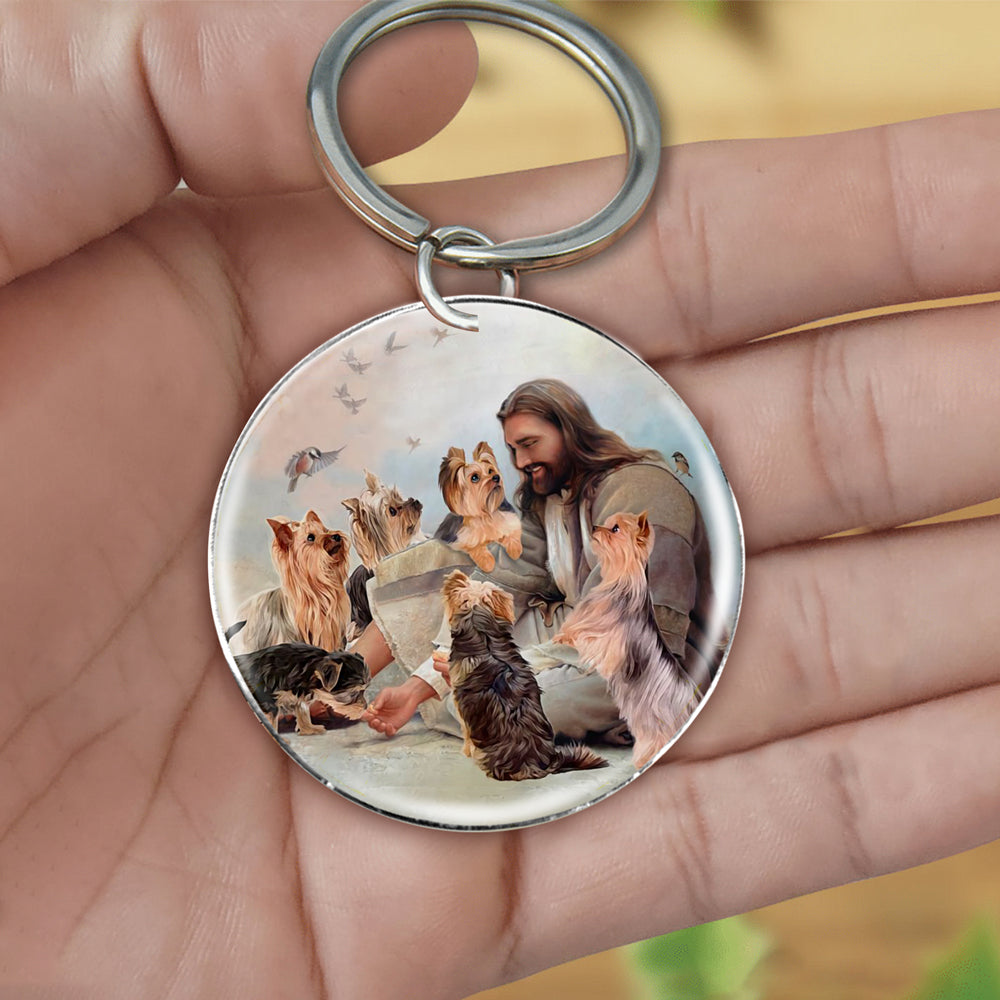 Jesus Surrounded By yorkshire Terriers-Round Resin Epoxy Metal Keychain