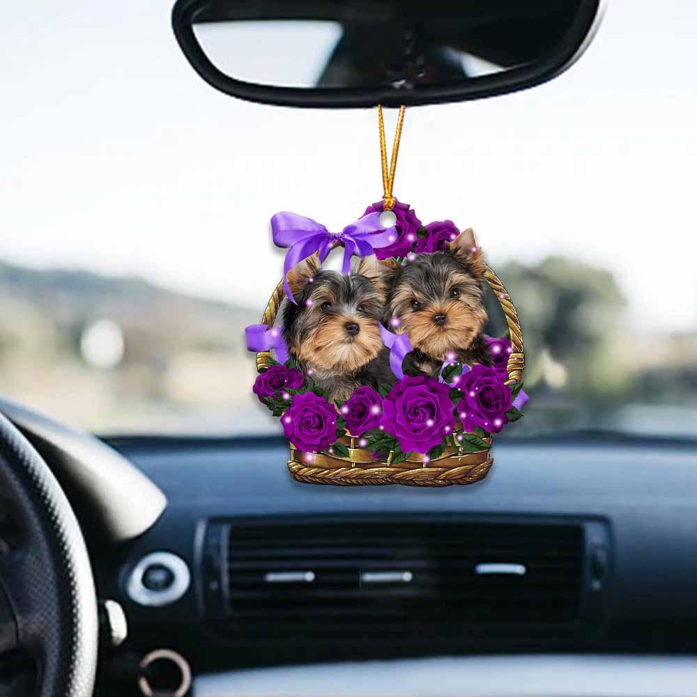 yorkshire Terrier Purple Rose Wicker Basket Car Hanging Ornament