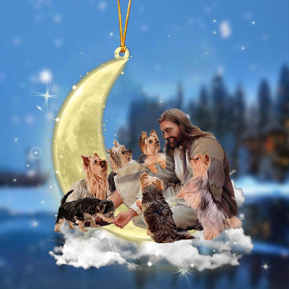 Jesus Surrounded By yorkshire Terriers On The Moon Ornament